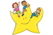 Logo Caritas Kinderkrippe an Nazareth Dachau: Drei kleine Kinder sitzen auf einem großen gelben Stern.