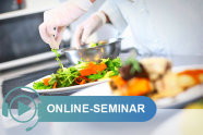 Hände mit Schutzhandschuhen trapieren Salat auf Teller; Schriftzug Online-Seminar