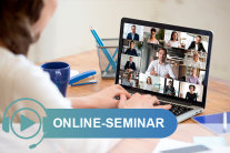 Person sitzt vor Notebook, auf dessen Bildschirm mehrere kleine Bilder von Personen sind; Schriftzug Online-Seminar